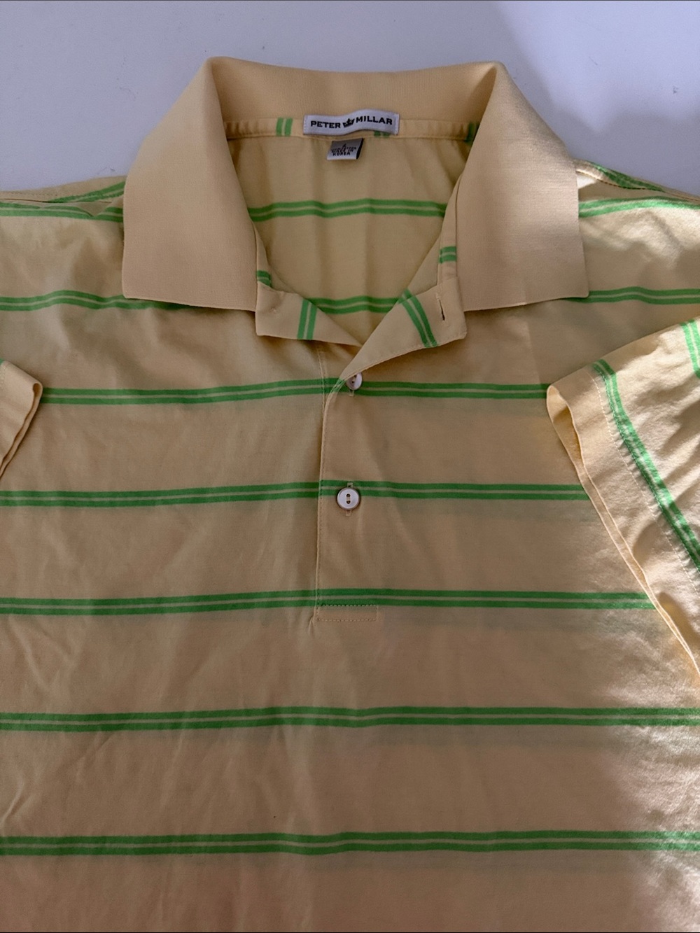 Peter Millar Yellow Polo with Green Stripes Large